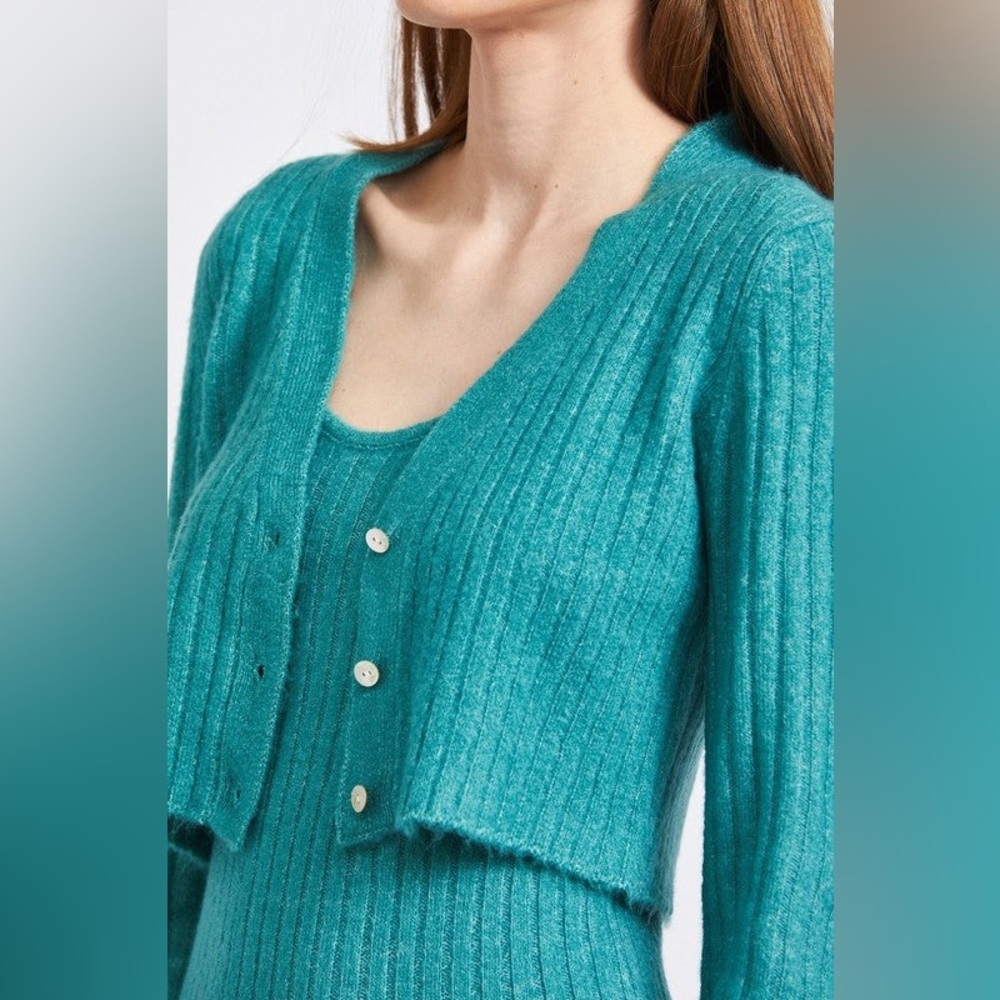 NWT Emory Park Women’s Teal Ribbed Cropped Cardigan Sweater Cozy Y2K Size Small